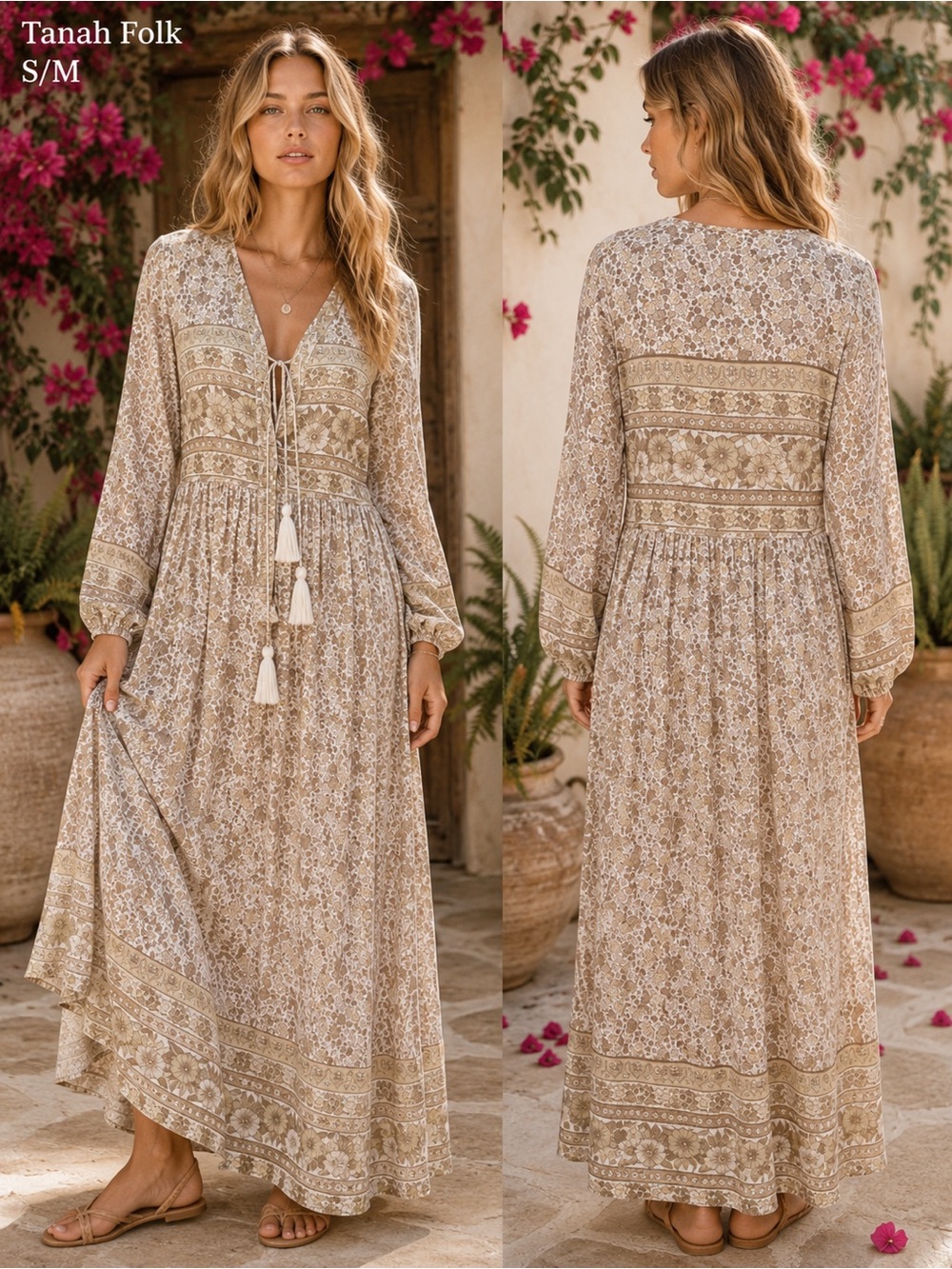 Tanah Folk dress S/M Boho Floral Tassel long Maxi  Cottagecore Festival pullover